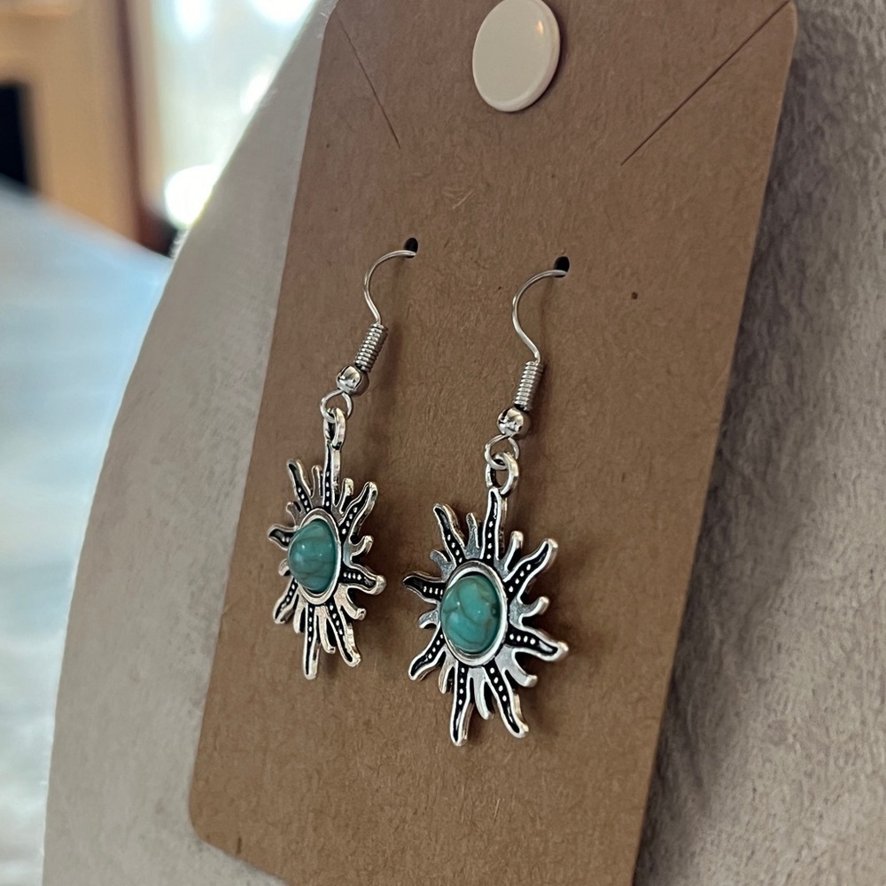 Boho Tribal Silver and Turquoise Color Starburst Drop Dangle Earrings 2” - Picture 4 of 4